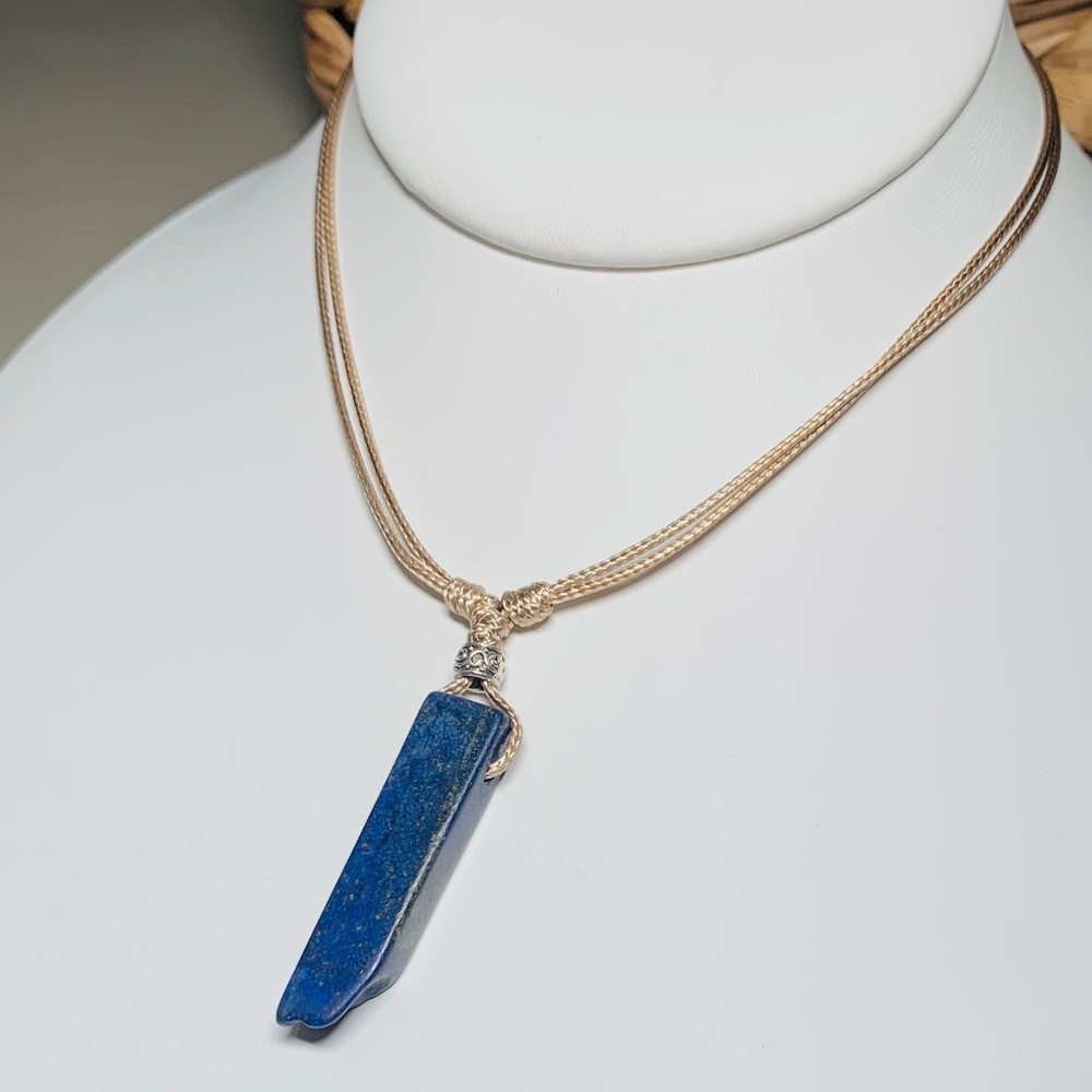 Lapis Lazuli Blue Rectangle Stone Pendant Boho Necklace, on tan adjustable cord